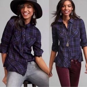 Cabi S Moody Plaid Blue Purple Checked Plaid Peplum Hem Top Style 3431